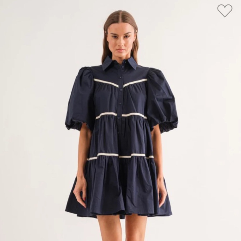 Boutique In the Beginning Navy Puff Sleeve Mini Dress w Off White Size Small